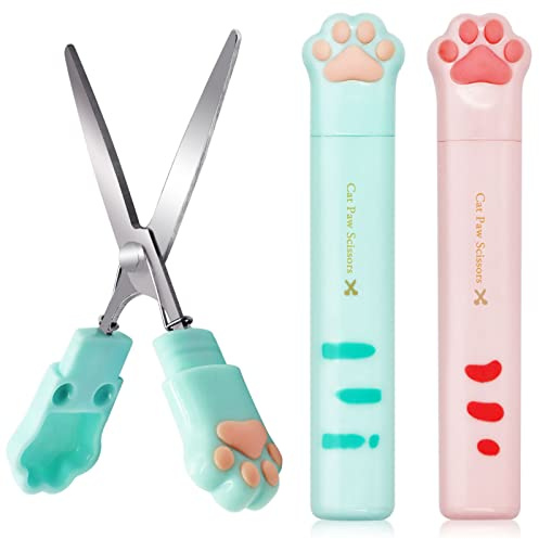 Wieat Cat Paw Folding Mini Scissors, 2 Pcs Kids Safety Art Scissors for School Paper Cutting Scrapbooking, Pink and Green