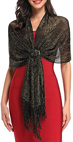 vimate Formelle Schals und Tücher für Abendkleider, Sparkly Metallic Schwarz & Gold Schals und Tücher für Partykleider (DE-Black & Gold)