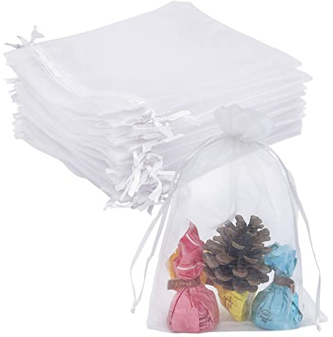Jexila 100 weiße Organza-Beutel, 12,7 x 17,8 cm, durchsichtig, Netzbeutel, Kordelzug, Geschenkbeutel, klein, für Hochzeit, Party, Babyparty, Schmuckbeutel