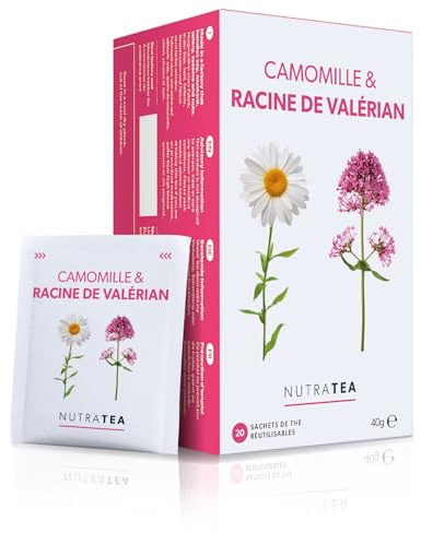NutraTea - Tisane de camomille et de valériane | Thé à la racine de valériane pour le sommeil et le coucher – Tisane nuit relaxante – 40 sachets enveloppés individuellement – (2 paquets)
