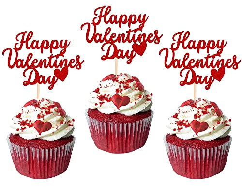 Xsstarmi 24 Stück Happy Valentine's Day Cupcake Topper Glitter Sweet Love Be Mine Valentinstag Cupcake Picks Valentinstag Thema Geburtstag Party Kuchen Dekorationen Supplies Rot