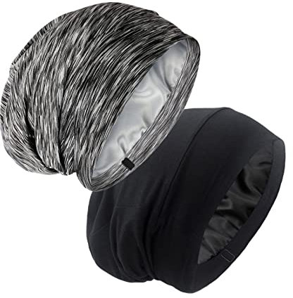 Schlafhaube mit Seidensatin Innenfutter, verstellbare Nachtmütze, Haarkappe, sitzt die ganze Nacht sicher, lockere Beanie, Haarschutz bei lockigem Haar, für Damen und Herren, zweifarbig, schwarz, rosa