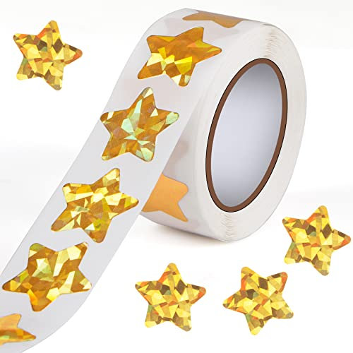 KIKIGOAL 500 Stück Holographische 2.5cm Gold Star Aufkleber für Kinder Belohnung in der Schule Klassenzimmer, Folie Star Metallic Aufkleber Roll selbstklebende Etikett Sterne Glitter