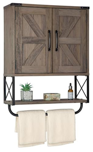 RUSTOWN Farmhouse Medizinschrank mit 2 Scheunentüren, Wandmontage, Aufbewahrungsschrank aus Holz mit verstellbarem Regal und Handtuchstange, 3-stöckiger Badezimmerschrank für Badezimmer, Wohnzimmer