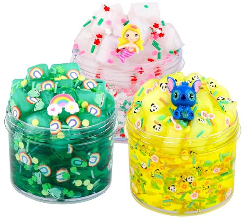 3 Pack Jelly Cube Crystal Valentine's Day Slime Kit, Premade Clear Crunchy Glue Boba Slime Party Favor for Girls & Boys, Fluffy Slime for Kids, Soft Stretch and Non-Sticky Soft Putty Birthday Slime