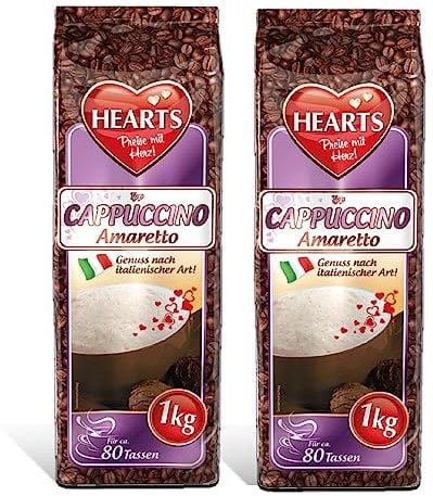 Hearts Cappuccino Amaretto, Lot de 2 (2 x 1 kg) poudre instantanée, poudre de café soluble, 160 tasses