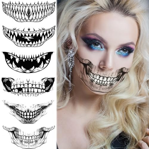 Halloween Tattoo Gesicht Halloween Kostüm Damen Schminke Accessoires, Temporäre Tattoos Mund Aufkleber Zombie Skelett Vampir Kostüm Requisiten Cosplay Gesichtstattoo Horror Halloween Deko Party Set 6