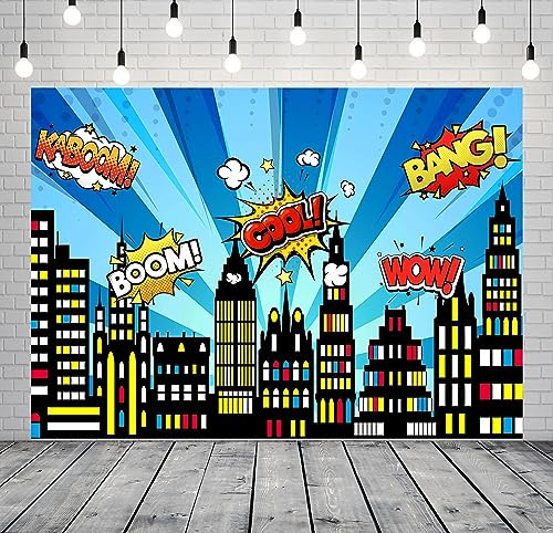 CORFOTO 7x5ft Cartoon-Super-City-Hintergrund für Super-City-Motto-Partyzubehör, Stadtbild, Kinder, Jungen, Comics, Geburtstagsbanner, städtisches Stadtbild, Nachtansicht, Stadtgebäude-Hintergrund