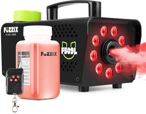 Fuzzix F509L Nebelmaschine Mini mit 0.25l Fluid, 9 LEDs, Stroboskop, Funk-Fernbedienung, Nebelmaschine Halloween, 500 Watt Rauchmaschine, Fog Machine, Fogger, Smoke Machine Party, Hochzeiten, Bars
