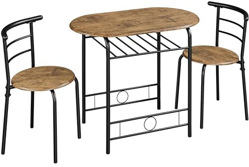 Yaheetech Juego Mesa y 2 Sillas de Comedor Cocina Conjuntos de Mueble de 3 Piezas con Vino Estante Superficie de Mesa 90 X 53 cm Marrón