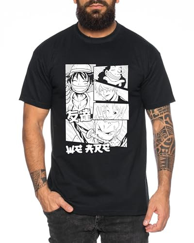 RLSNZ - Herren T-Shirt Straw Hat Luffy Zoro One Monkey D. Pirat Ace Piece Goku Anime Ruffy, Größe:L, Farbe:Schwarz
