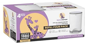BabiesRefresh Recambios compatibles con recambios DEKOR CLASSIC para cubos de pañales | Paquete de 4 | Eliminador de olores | Aroma a polvo fresco | Cada recambio de bolsa de pañales tiene capacidad