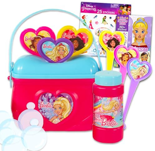 Barbie-Blasen für Mädchen – Bündel mit Barbie-Bubbles-Pack, erstellen Sie ein Gesichts-Prinzessinnen-Aufkleber-Set und Disney Prinzessinnen-Aufkleber, Barbie-Luftblasen, Partygeschenke