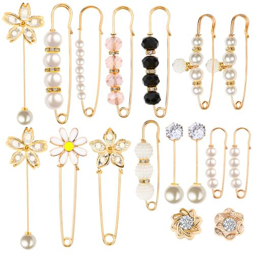 COMNICO Lot de 17 épingles à nourrice avec perles - Pinces à nourrice fixes pour vêtements, pulls, châles, cardigans, colliers anti-exposition - Broche de sécurité pour femme, vêtements, robes,