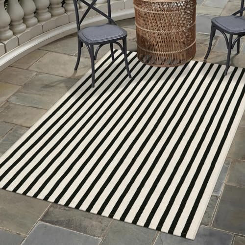 OJIA Waschbarer Teppich, 122 x 150 cm, Schwarz und Creme, für den Außenbereich, Baumwolle, gewebt, Eingangsteppich, gestreift, Terrassenteppich, große Flächenteppiche für Schlafzimmer/Veranda/Deck