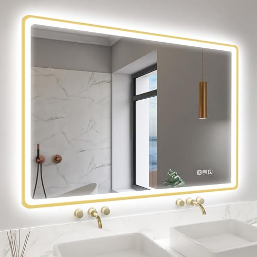 STARLEAD 100x70cm Golden LED-Badspiegel-mit-Beleuchtung und Bluetooth, Entfoggen, Dimmbar, 3 Lichtfarben, HD Gehärtetes Glas, IP44 Wasserdicht, Horizontal/Vertikal