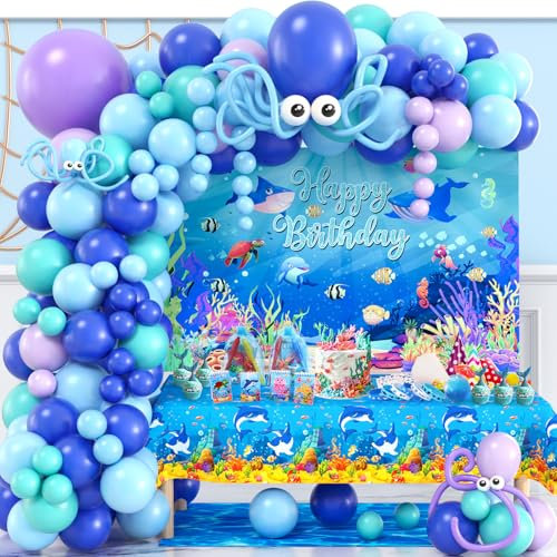 Toyssa Unterwasserwelt Geburtstagsdeko Party Deko, 136 Stück Meerestiere Deko Folienballons Hintergrund Tischdecke Blau Luftballon Girlande, Ozean Kindergeburtstag Dekoration für Mädchen Jungen Kinder