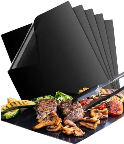 Domarex TEFLON BBQ Grillmatte (5er Set) Wiederverwendbar, Antihaftbeschichtet, Hitzebeständig, Leicht zu Reinigen, 40x33 cm, Grillmatten für Holzkohle, Elektro und Gasgrill, Teflon Grillmatte