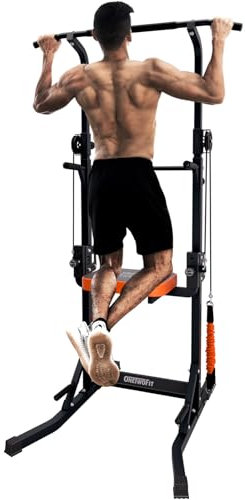 ONETWOFIT Faltbar Power Tower Dip Station & Kraftturm, höhenverstellbar multifunktionale Kraftstation mit Assistive Trainer Klimmzugstange, load max 160kg (Schwarz-Hilfsteil)