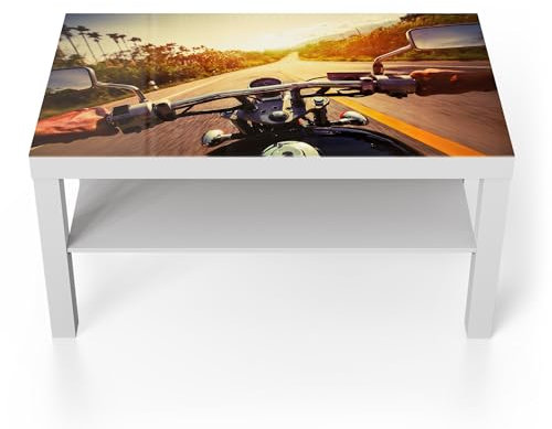 DEQORI Glastisch | weiß groß 90x50 cm | Motiv Abenteuer auf Zwei Rädern | ausgefallener Beistelltisch aus Glas | Hochglanz Couchtisch fürs Wohnzimmer | moderner Couch Tisch mit Design