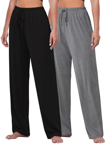 FEQO 2 Pack Women's Lounge Pants Wide Leg Yoga Pants Soft Pajama Bottoms Casual Loose Sweatpants Drawstring Yoga Pants, XL(Black,Gray)