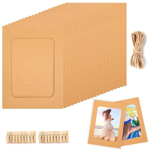Gyxcelc Cadre Photo en Papier 11.5 * 15.5CM DIY Cadre Photo Carton 20 Pièces Brun Cadre en Carton pour Photo avec 20 Clips et Cordes, pour Décoration Murale