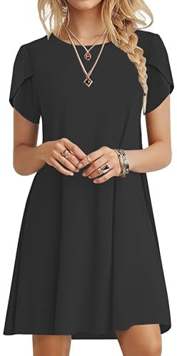 PLOKNRD Summer Dresses for Women UK Elegant Petal Short Sleeve T-Shirt Dress Crew Neck Casual Loose Swing Holiday Beach Dress with Pockets(Black,M)
