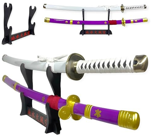 FÉENOMENN Katana One Piece Pack Zoro 2 Epées (WADO ICHIMONJI, ENMA) - Lame Bois - Support Japonais Inclus
