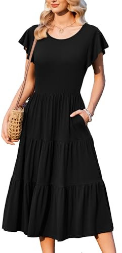 Zeagoo Womens Summer Maxi Dress Casual Long Dress Short Sleeve Crew Neck Dresses Swing Flowy Tired Dress with Pockets Black L
