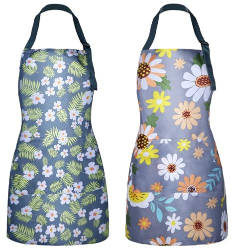 cobee 2 Pcs Aprons For Women with Pockets, Waterproof Apron Adjustable Kitchen Aprons Baking Aprons, Cooking Garden Apron for Gardening Baking Crafts Unisex(Flowers)