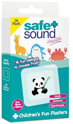 Safe & Sound Children’s Fun Plasters – 16 Pack – Washproof, Hypoallergenic, Sterile, with 4 Animal Designs – Soft and Flexible for Sensitive Skin