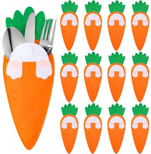Beeveer Besteckhalter für Oster-Karotten-Utensilien, Filz-Hasen, Gabelschneider, Bestecktasche für Ostern, Zuhause, Frühling, Party, Tischdekoration, Messer, Gabeln, Organizer, 12 Stück