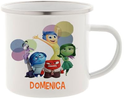 irpot Tazza Vintage da 350 ml in metallo smaltato con bordo di acciaio inox con stampa personaggio e possibilità di personalizzazione con nome idea regalo festa bambino (Inside out 2)