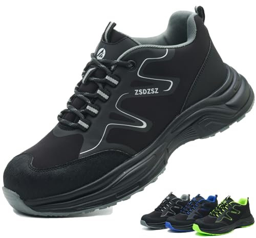 Zapatos de Seguridad para Hombre Mujer Zapatillas Trabajo con Punta de Acero Ligeros Transpirable Calzado de Seguridad Antideslizantes Comodo Zapatos de Trabajo, Negro, 40 EU