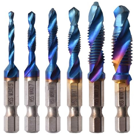 6 Pcs Combination Drill and Taps Bit Set, Spiral Fluted Tap, HSS Tap Drill Bit Set Tap Combo Drill Bits, Tap Drill, Tapping Set M3 M4 M5 M6 M8 M10 for Various Thread Sizes