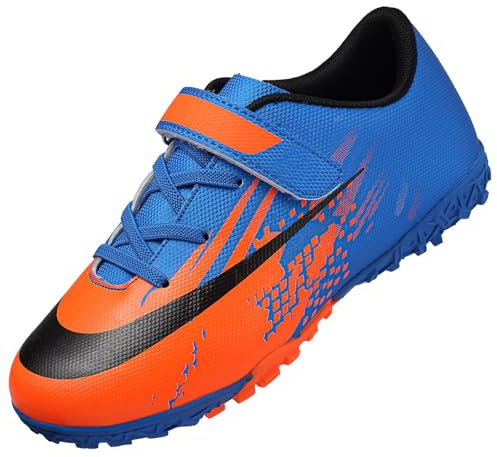 Dhinash Boys Football Boots Kids Astro Turf Trainers Football Shoes Girls Soccer Shoes Teenager Indoor Outdoor Athletics Training Sport Sneakers Unisex Blue Orange 4UK