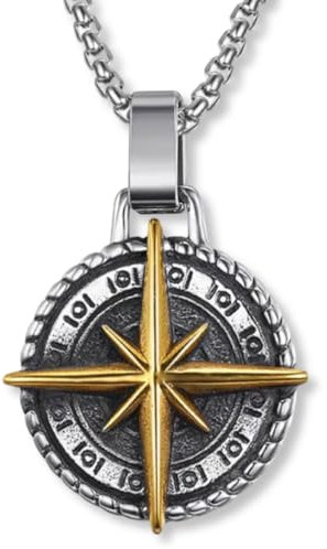 Pidak Collana Rosa dei Venti/Bussola Vichinga – Ciondolo Bussola in Stile Nordico, Argento o Oro (Gold - Oro)