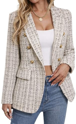Mina Self 2026 Damen Herbst Tweed Plaid Blazer Business Casual Arbeitsjacke | Langärmelige Button-Down-Jacke, zweireihiges Revers, vollständig gefütterte Jacke, Herbst-Winterkleidung