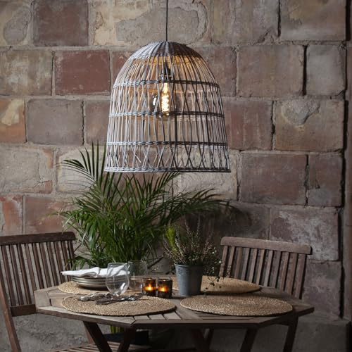 Lampenschirm BELL in Rattan Optik outdoor wetterfest für Garten Terrasse Balkon für E27 Fassungen schwarz H: 50cm Hängelampenschirm für Innen Außen in Korbgeflecht Stil (D: 48cm/grau-ohne Kabel)