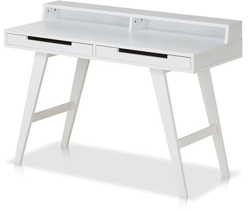 KHG Schreibtisch Weiß mit 2 Schubladen und Aufsatz für 2 Fächer, Gestell aus Gummibaum-Holz lackiert, 50kg belastbar, 120x85x50 cm