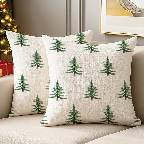 JANGYUHH Grün Weihnachtsbaum Winter Weihnachten Kissenbezug 40x40 cm Leinen Kissenbezüge Weihnachtsdeko Sofakissen Kissenhülle Modern Dekorative Weiche für Sofa Wohnzimmer Christmas 2er Set