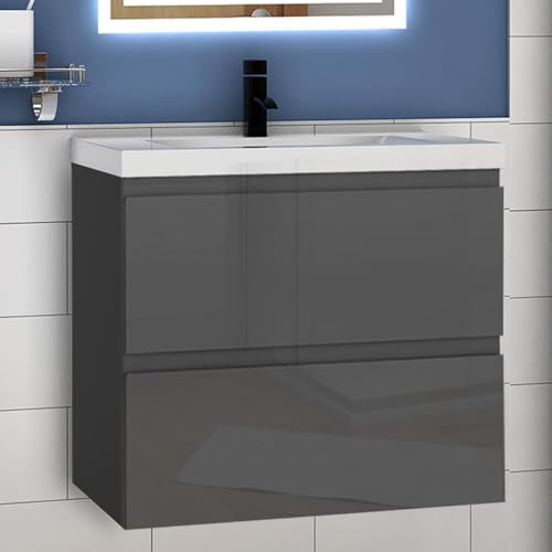 Aica Sanitär Waschtisch mit Unterschrank 60cm Alast Badmöbel Set Hochglanz Anthrazit Waschbecken Dick mit Unterschrank MDF Softclose