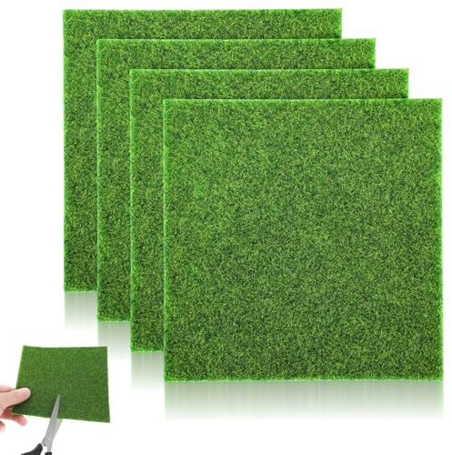 Xindojuz 4 Packs Fake Grass Decor, Artificial Grass for Crafts, Fairy Garden Turf, Diorama Supplies Miniature Lawn Mat, Dollhouse Ornament DIY Decoration Accessories (6 x 6/15 x 15 cm)