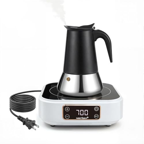 NESTIQEX Camping Induction Cooktop 700W, Portable Induction Burner for RV Travel, with 4-Cup Stainless Steel Coffee Pot for Moka Espresso, Compact Hot Plate Cooker System