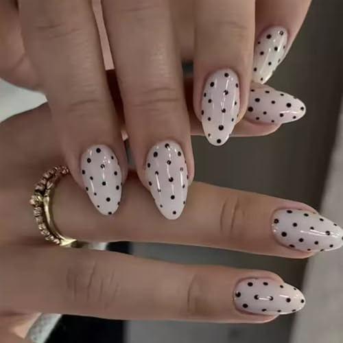 24PCS White Almond Press on Nails with Black Dots - Glossy Short Medium Length Fake Nails for Women, Full Cover Stick On Art with Cute Polka Dot Design for Stylish Manicure Look