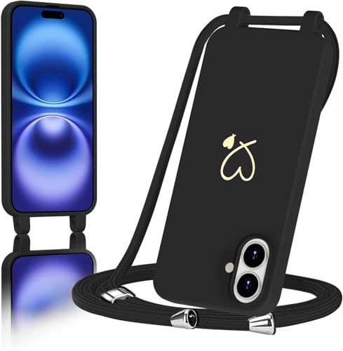 AoozeFon Handyband für iPhone 16 Hülle mit Band,Handyhülle Silikon mit Goldenem Herzmuster für iPhone 16,Abnehmbare Stoßdämpfend Handytasche mit Nylon-Lanyard，Schwarz