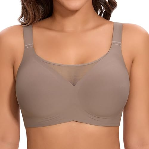 Cavotor Jelly Bras for Women Non Wired Comfort Support Gel Soft Bra Seamless Lace Wireless T Shirt Push Up Bralettes with Extender (#1 Coffee,L)