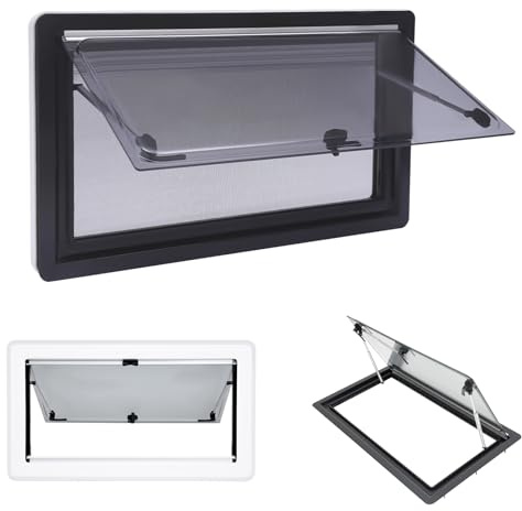ACROSSPART Ventana para Autocaravana con Certificación ECE R43, Abatible 70°, con Persiana Integrada y Mosquitera, para Caravanas, Furgonetas y Vehículos Recreativos, Color Negro, Tamaño 90x50cm
