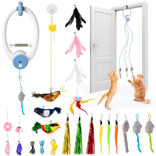 Wood Homing 19pcs Interactive Door Hanging Cat Toys for Indoor Bored Cats | Automatic & USB Rechargeable, 12 Cat Feather Teaser Wind, 3 Cat Catnip Bird Toy Chirping, Mouse Plush Toy, Self-Play Pet Gift