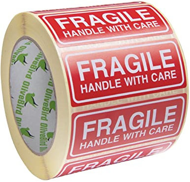 OliveBird 1.000 Aufkleber Zerbrechlich Fragile Aufkleber/Fragile Sticker 90 x 35 MM Groß Etiketten, weiß-rot-1.000 Stück